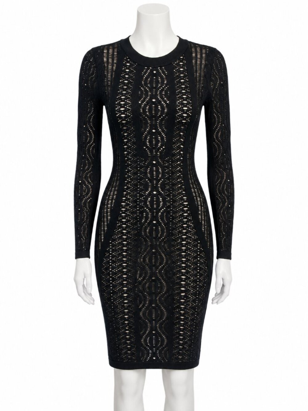 Bebe Black Open Knit Crochet Bodycon Dress M Nude Lined Y2K Sexy Knee Length - Picture 3 of 12